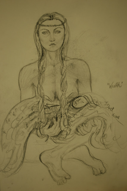 Indian woman holding a baby pencil sketch.